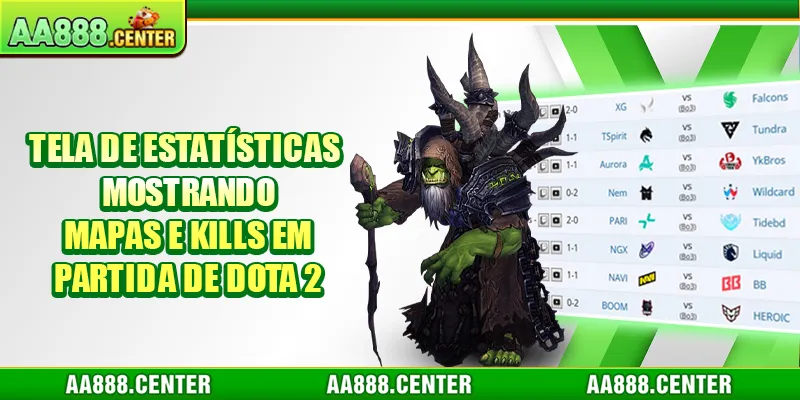 Tela de estatísticas mostrando mapas e kills em partida de Dota 2